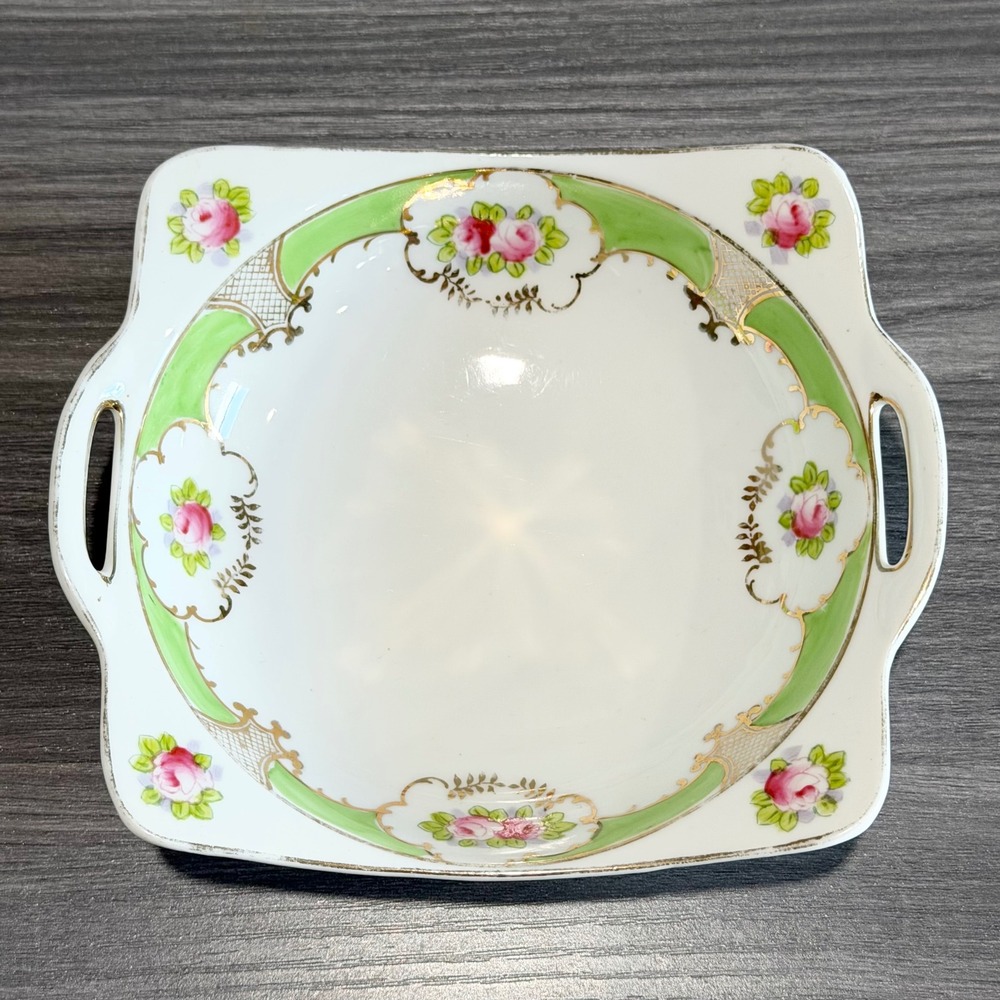Antique Nippon Hand Painted Porcelain Handled‎ Bowl Floral Pink Rose Gold Gilt